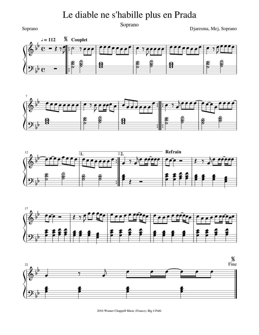 Le diable ne s'habille plus en Prada - Soprano Sheet music for Piano (Solo)  | Musescore.com