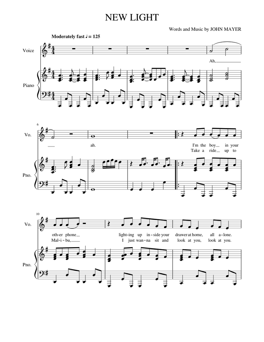 NEW LIGHT JOHN MAYER Sheet music for Piano, Vocals (Piano-Voice) |  Musescore.com