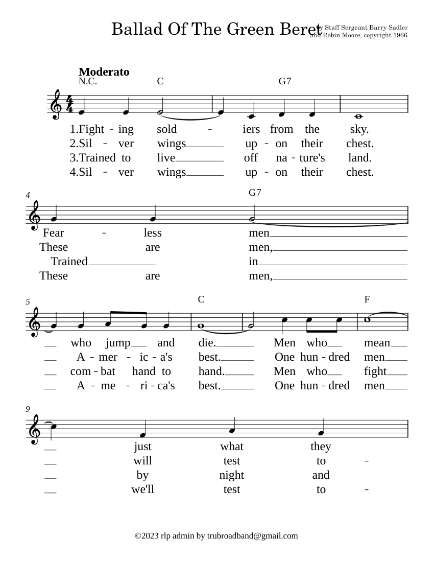 Ballad Of The Green Beret Sheet music for Vocals (Solo) | Musescore.com