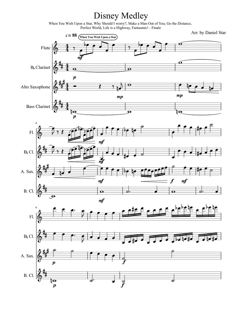 Disney Medley for a Woodwind Quartet Sheet music for Flute, bass (Woodwind Duet