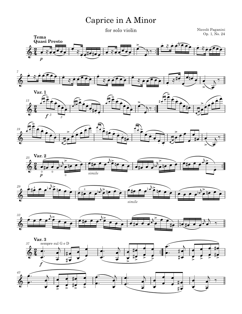 Solo Violin Caprice No. 24 in A Minor - N. Paganini, Op. 1, No. 24 Sheet  music for Violin (Solo) | Musescore.com