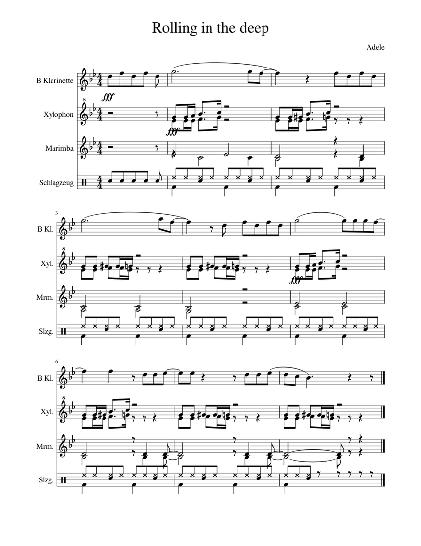 Rolling in the deep Sheet music for in bflat, Drum group