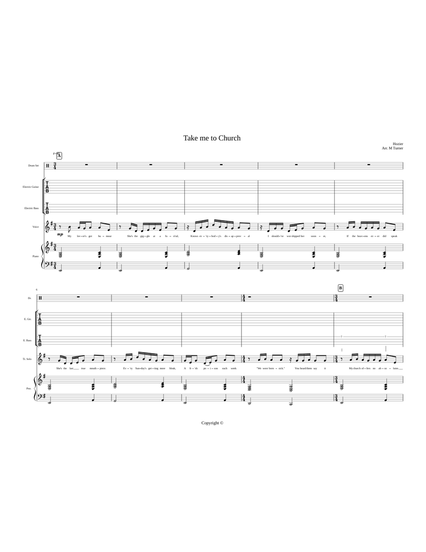 Take me to Church Sheet music for Piano, Guitar, Bass guitar, Voice (other)  (Rock band) | Musescore.com