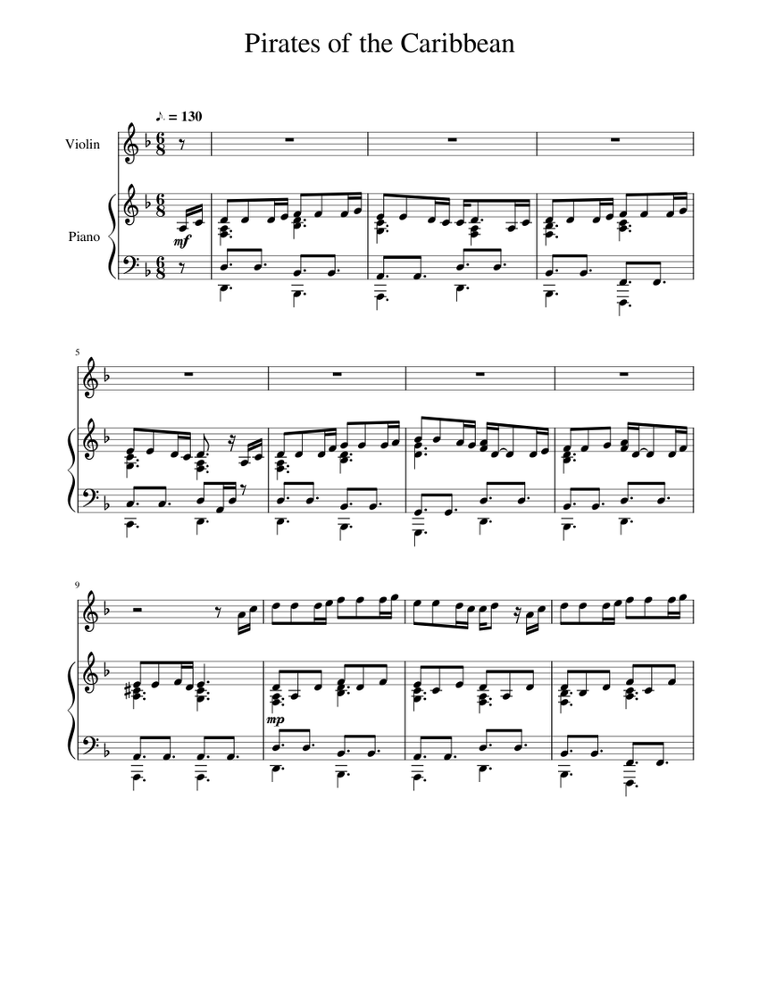 Pirates Of The Caribbean Sheet Music For Piano Violin Mixed Duet Musescore Com