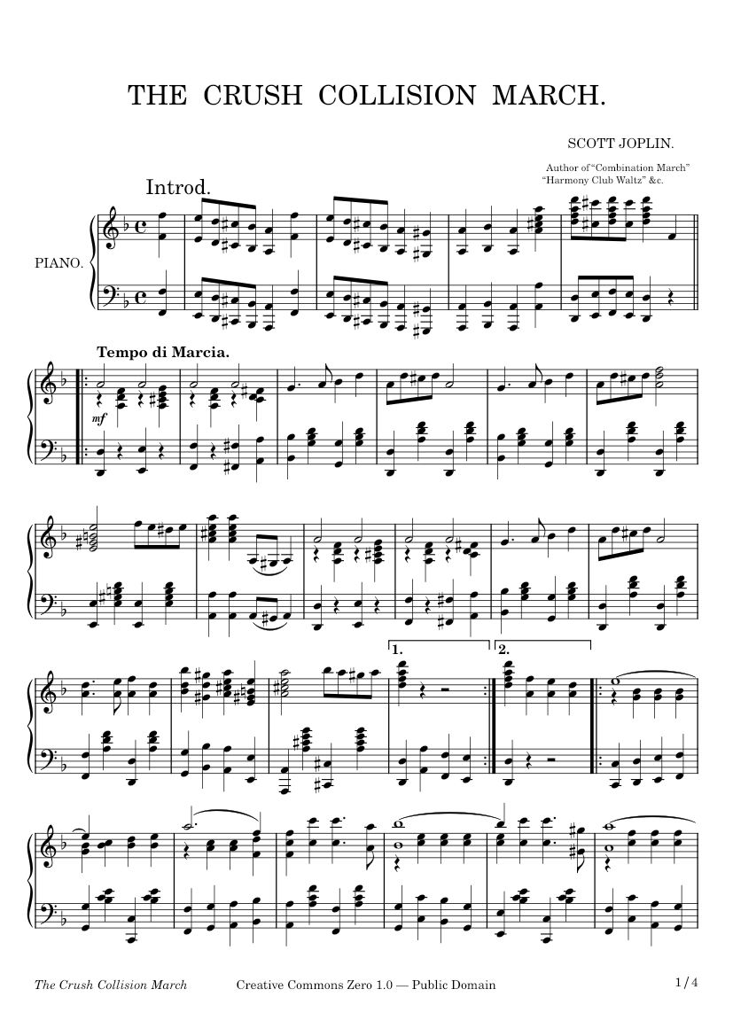 Great Crush Collision March – Scott Joplin – 1896 Sheet Music for