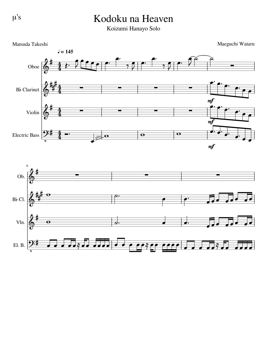 Kodoku Na Heaven Sheet Music For Violin Clarinet In B Flat Oboe Bass Mixed Quartet Download And Print In Pdf Or Midi Free Sheet Music Musescore Com