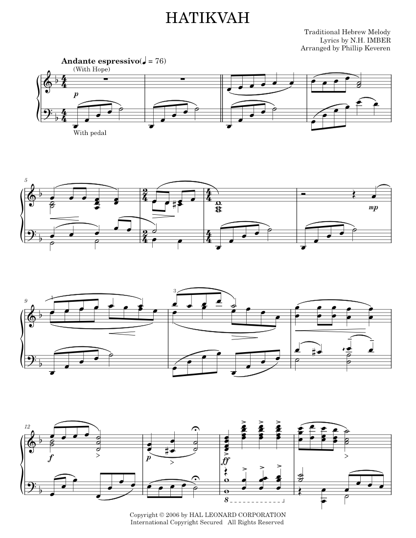 Play Official version of Hatikvah (With Hope) sheet music by N.H. Imber ...