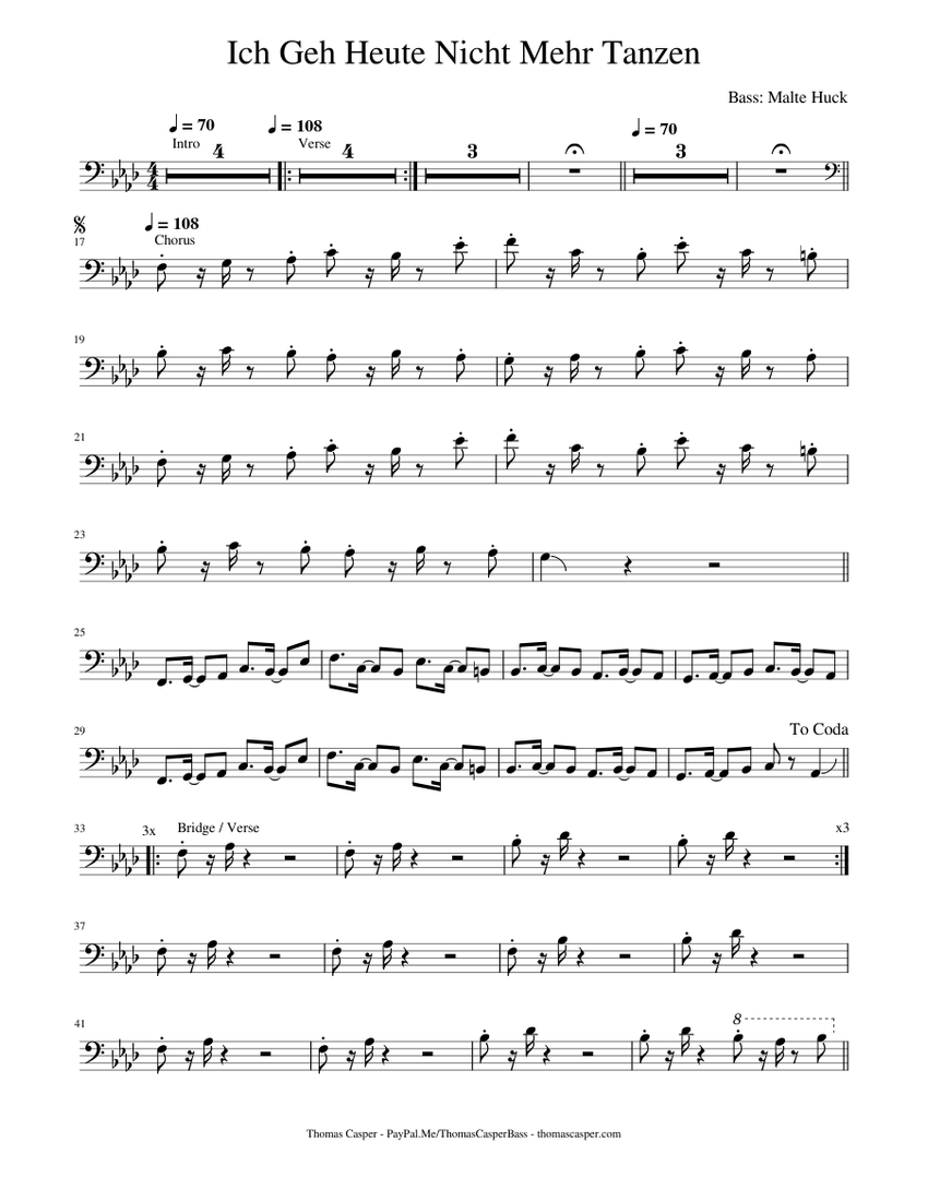 Ich Geh Heute Nicht Mehr Tanzen - Bass Transkription - piano tutorial
