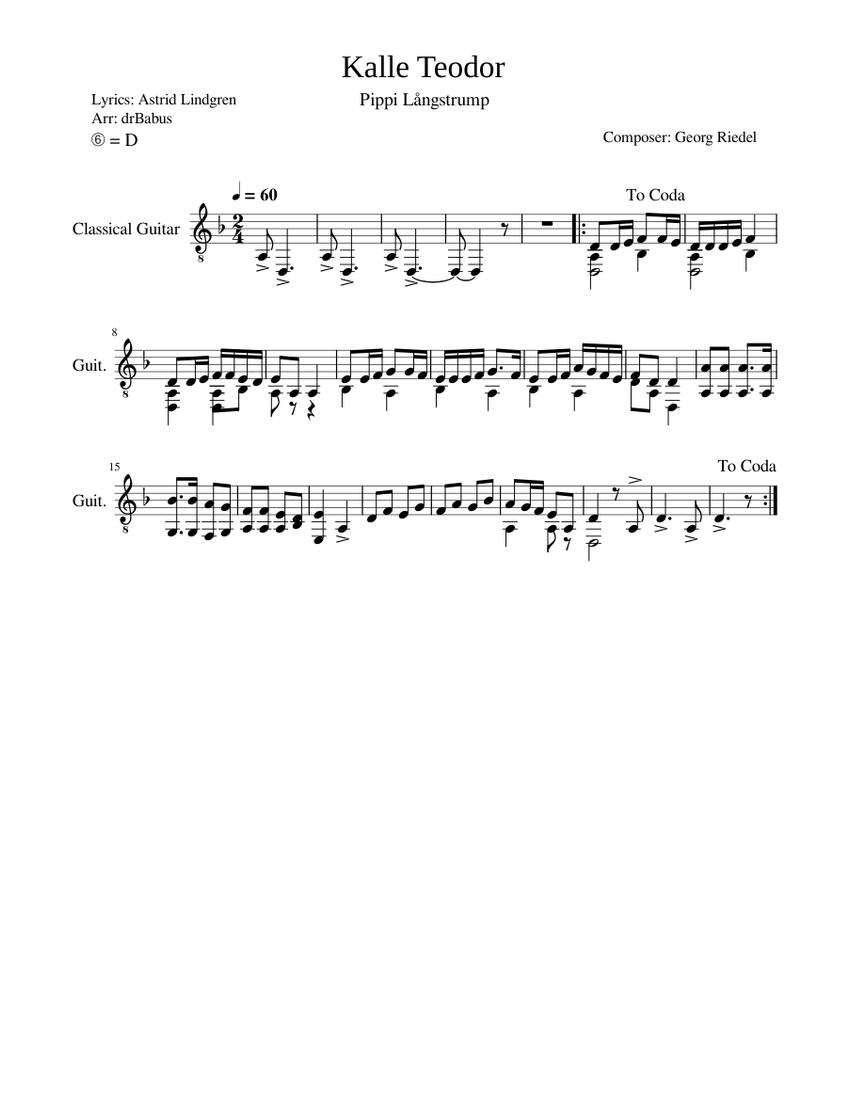 Kalle Teodor – Georg Riedel/Astrid Lindgren Sheet music for Guitar ...