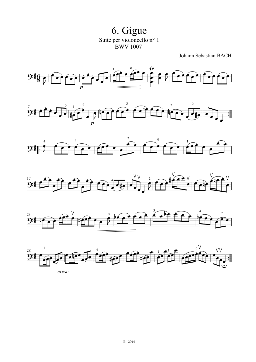 J.S.バッハ - チェロ組曲第1番 BWV 1007 - 6. ジーグ 楽譜 チェロ