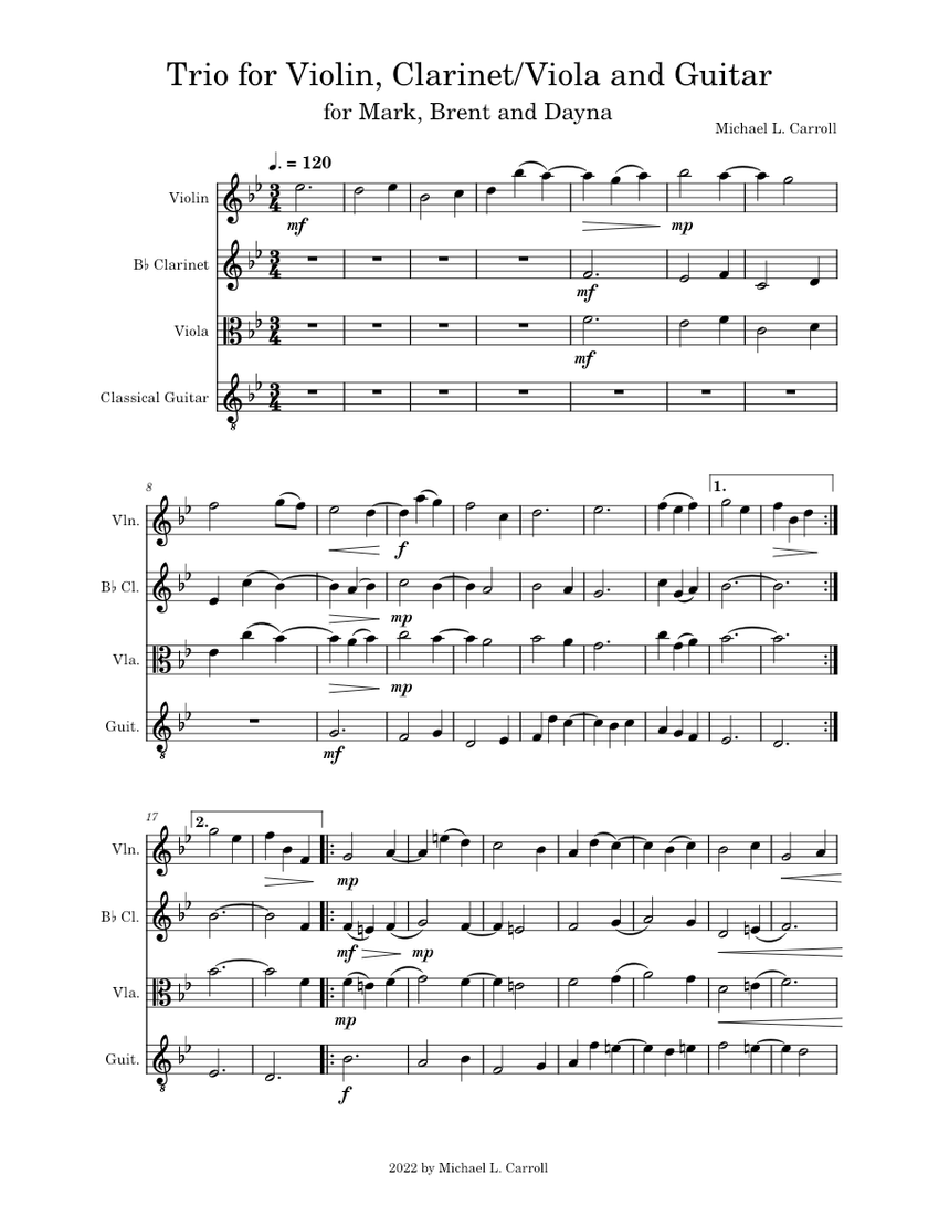 Trio for Violin, and Guitar Sheet music for in bflat