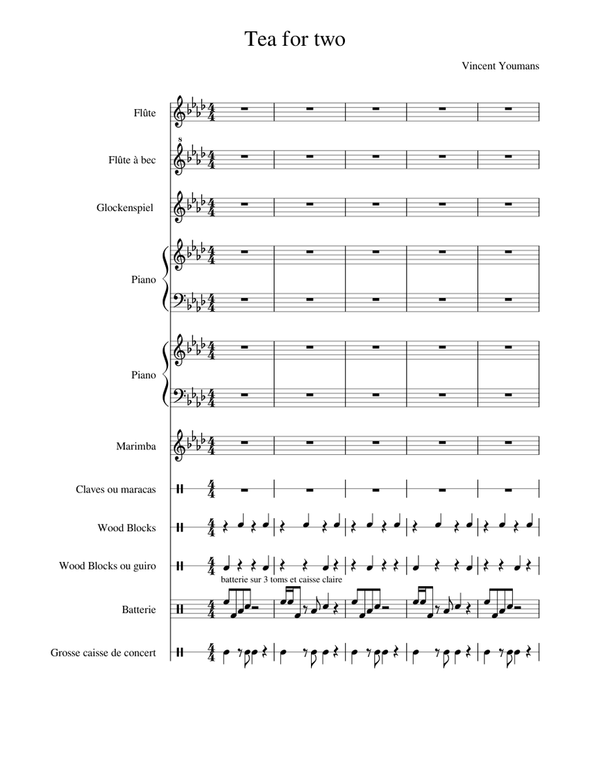 Tea for two Sheet music for Piano, Flute, Glockenspiel, Drum group