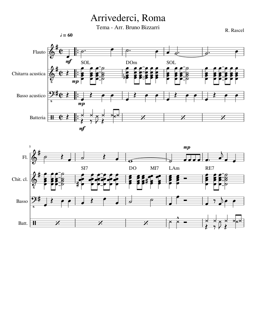Arrivederci roma – Renato Rascel Sheet music for Flute, Guitar, Bass ...
