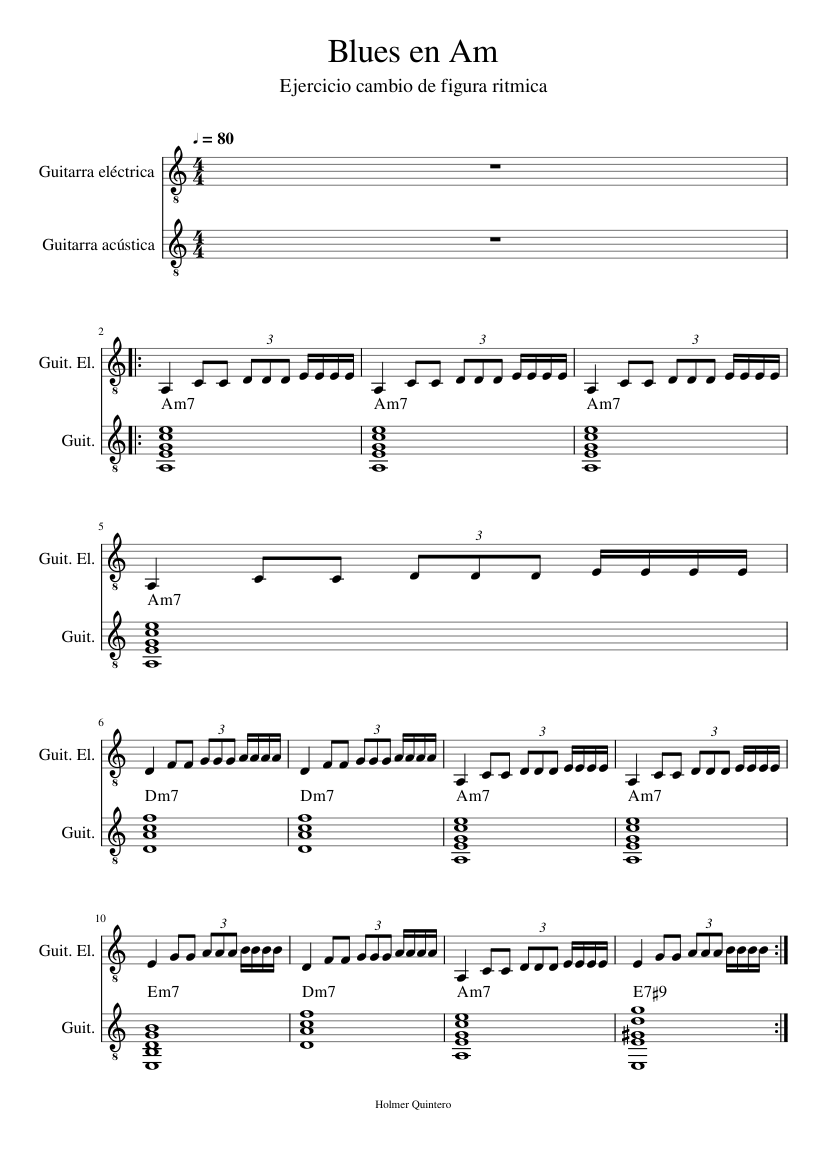 Blues en Am cambio figuras de ritmo Sheet music for Guitar (Mixed Duet) |  Musescore.com