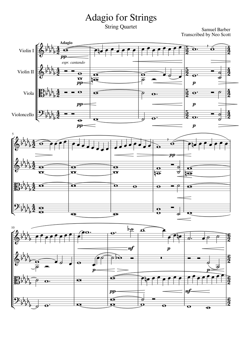 Adagio for Strings - String Quartet Sheet music for Violin, Viola, Cello  (String Quartet) | Musescore.com