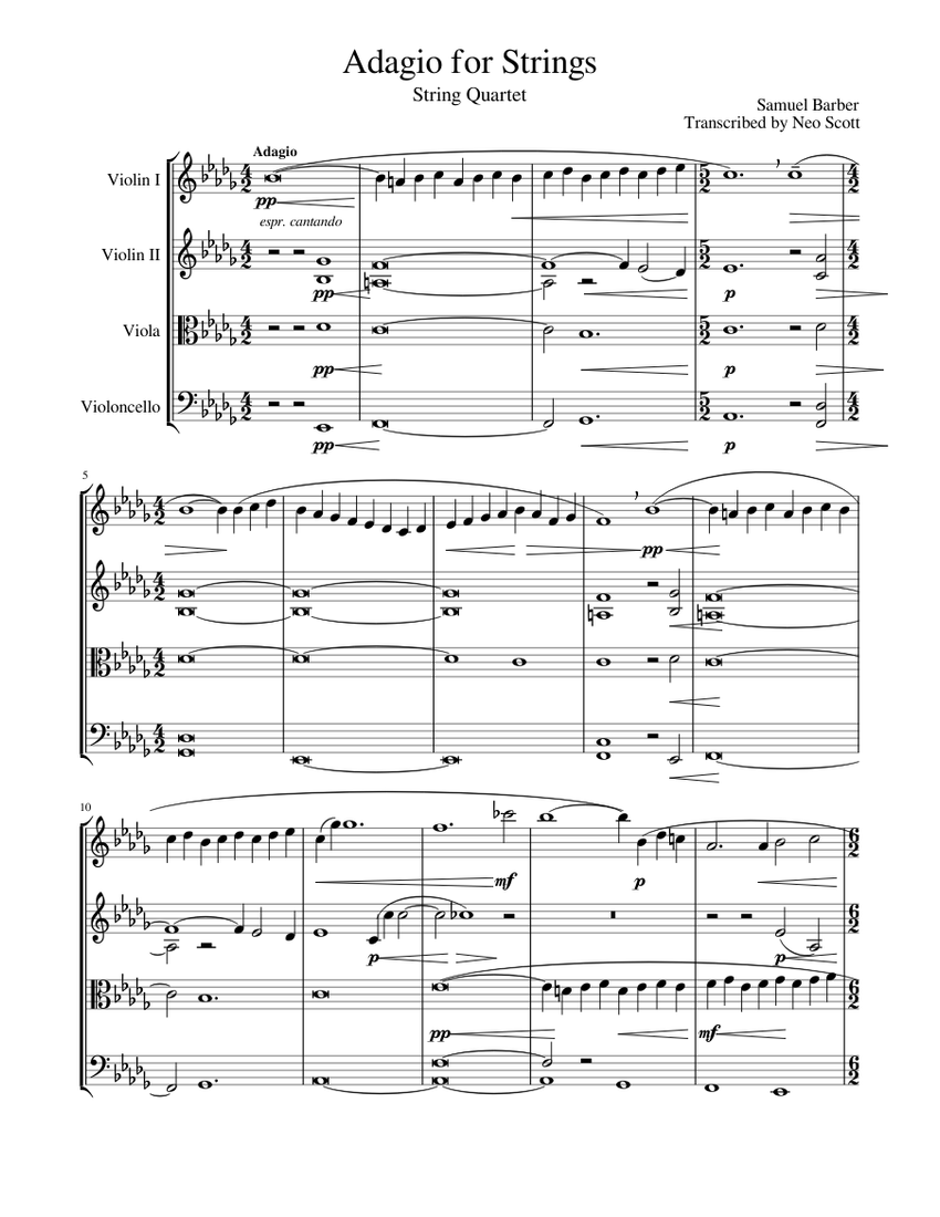 Adagio for Strings - String Quartet Sheet music for Violin, Viola, Cello ( String Quartet) | Musescore.com