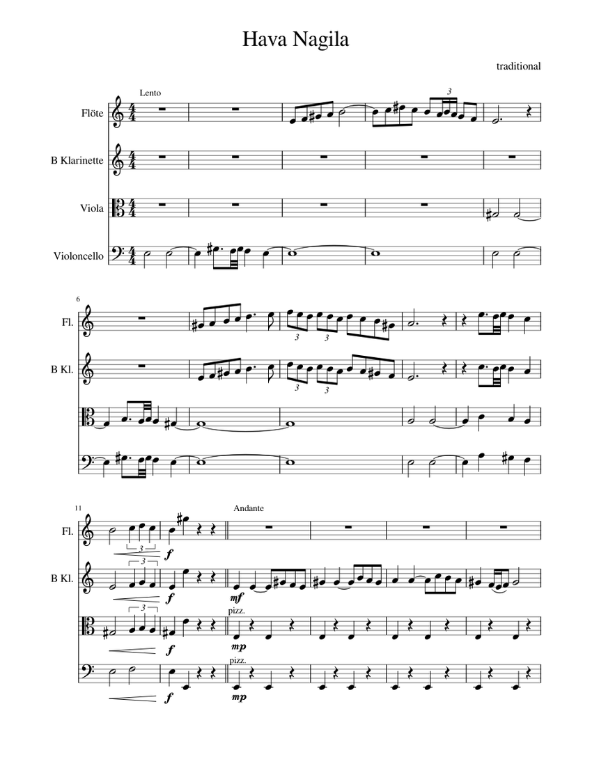Hava Nagila Sheet music for Flute, Clarinet in b-flat, Viola, Cello ...