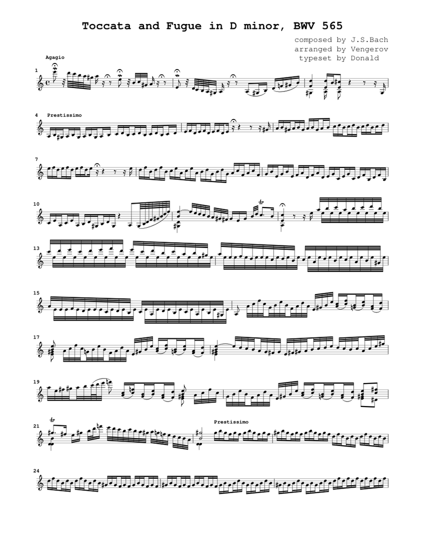 Sonata for solo violin, BWV 565 (Toccata and Fugue) Sheet music for ...