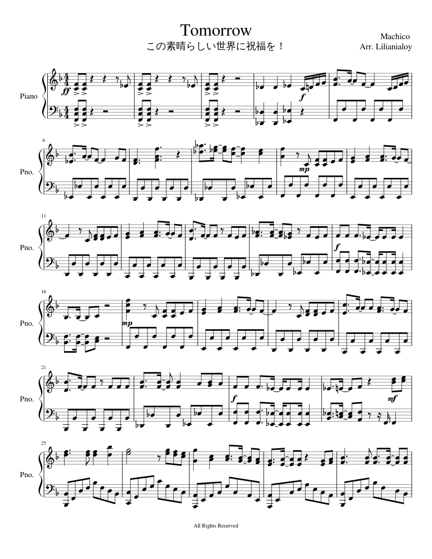 Tomorrow (konosuba 2) - easy Sheet Music for Piano (Piano Duo