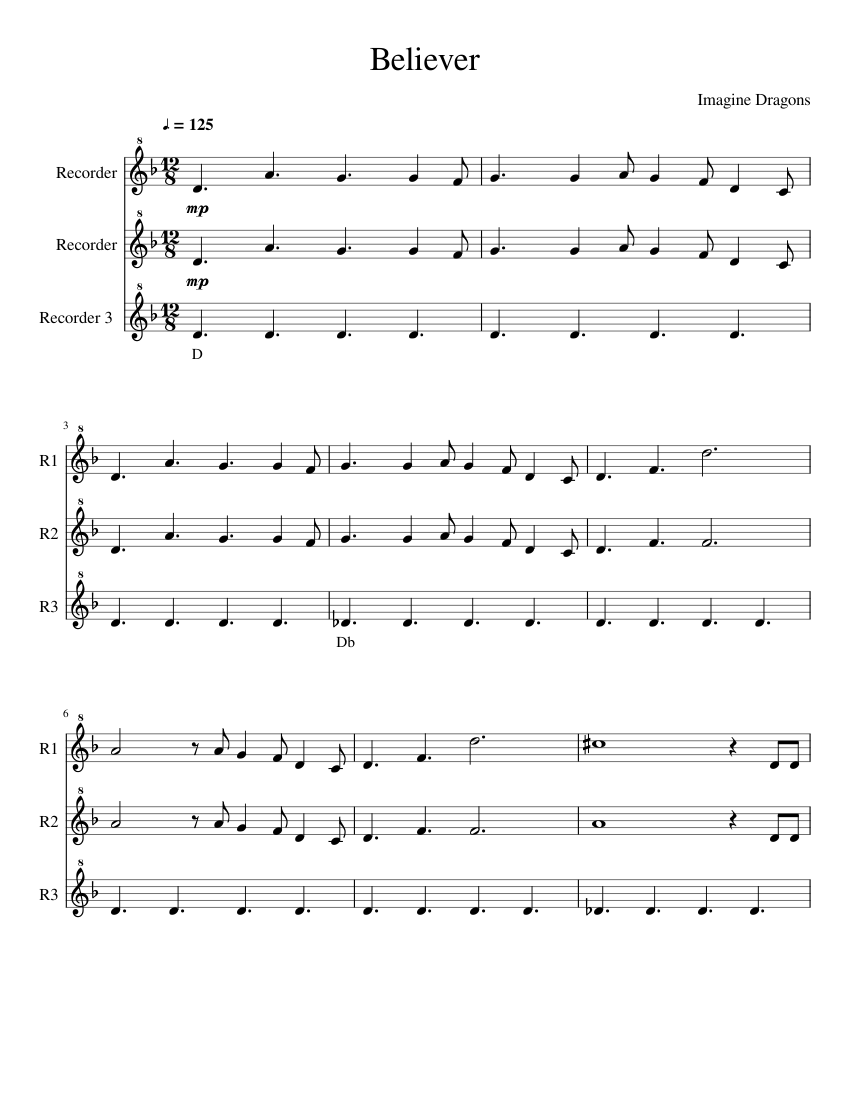 Believer Imagine Dragons Sheet Music For Piano Recorder Mixed Quartet Musescore Com