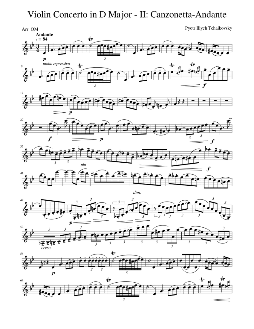 Violin Concerto In D Op.35 - II- Canzonetta-Andante - P.I. Tchaikovsky  Sheet music for Violin (Solo) | Musescore.com