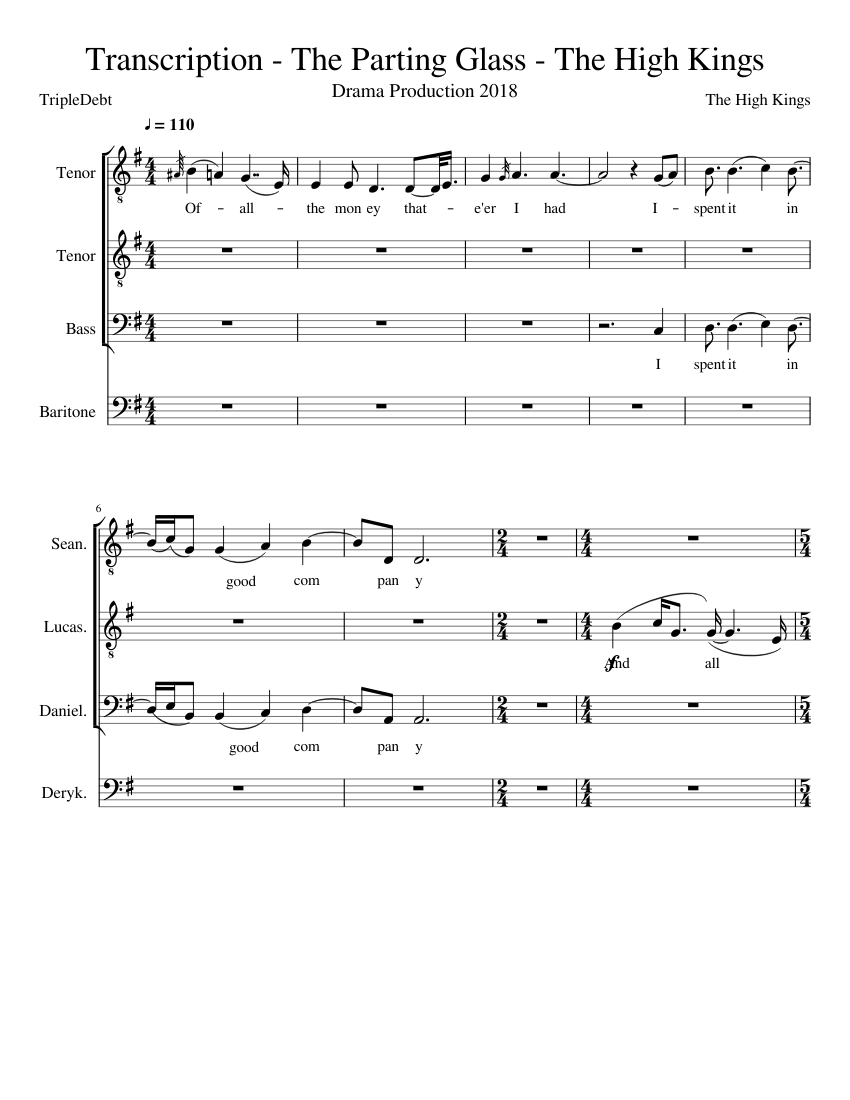 The Parting Glass - The High Kings Sheet music for Tenor, Bass voice (Men's  Choir) | Musescore.com