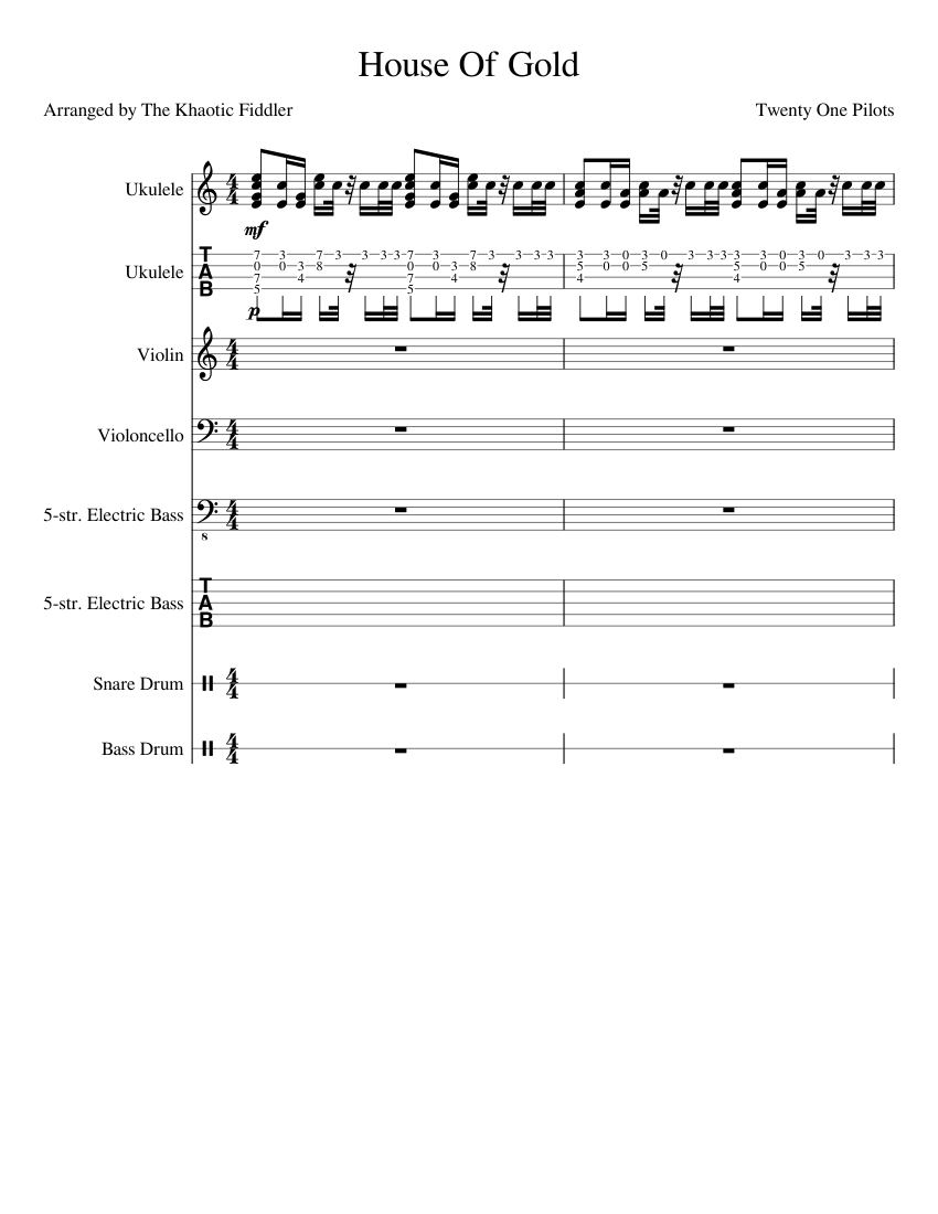 House Of Gold - Twenty One Pilots - Orchestra Sheet music for Snare drum,  Violin, Cello, Bass guitar & more instruments (Mixed Ensemble) |  Musescore.com