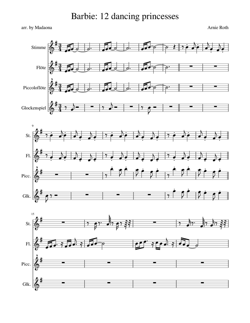 Barbie: 12 dancing princesses Sheet music for Flute, Vocals, Glockenspiel,  Flute (Piccolo) (Mixed Quartet) | Musescore.com