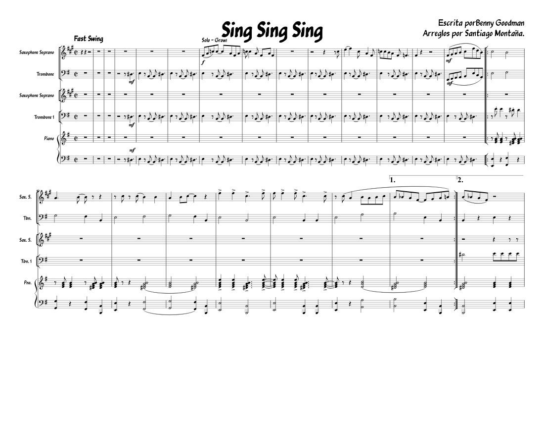 Sing Sing Sing Sax S Trombone Piano Sheet Music For Piano Trombone Saxophone Soprano Mixed Quintet Musescore Com