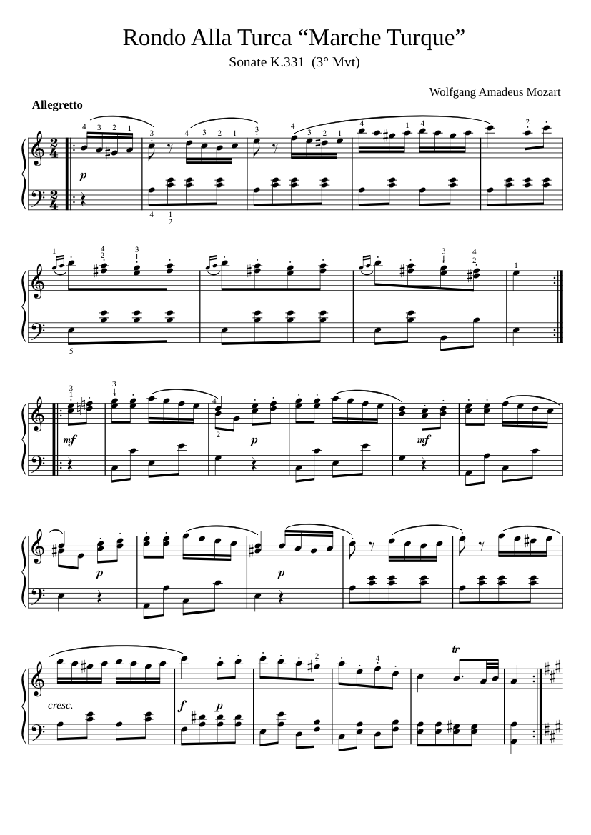 WA Mozart Marche Turque (Turkish March fingered) Sheet music for Piano  (Solo) | Musescore.com