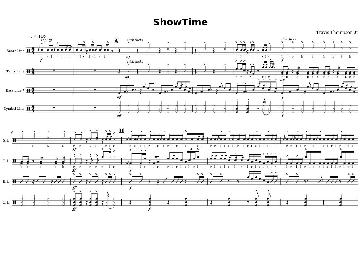 ShowTime Sheet music for Snare drum, Crash, Tenor drum, Bass drum