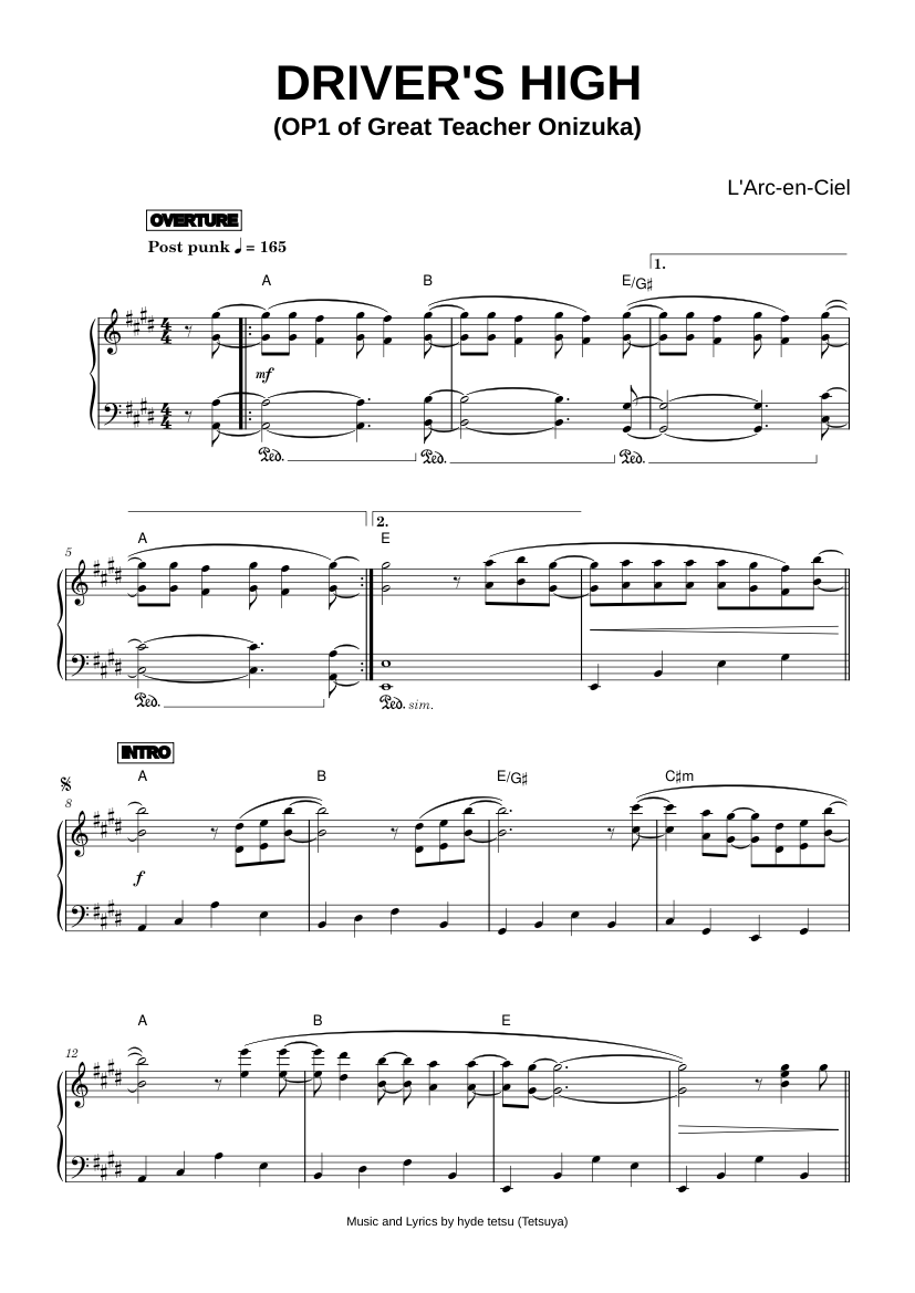 Play Official version of Driver's High Sheet Music by L'Arc~en