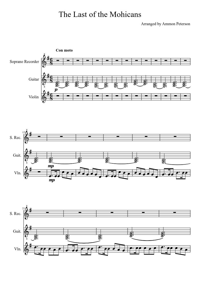 The Last of the Mohicans Sheet music for Violin, Guitar (Mixed Duet) |  Musescore.com