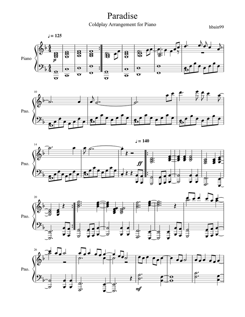 Paradise' Coldplay Piano Arrangement Sheet music for Piano (Solo) |  Musescore.com