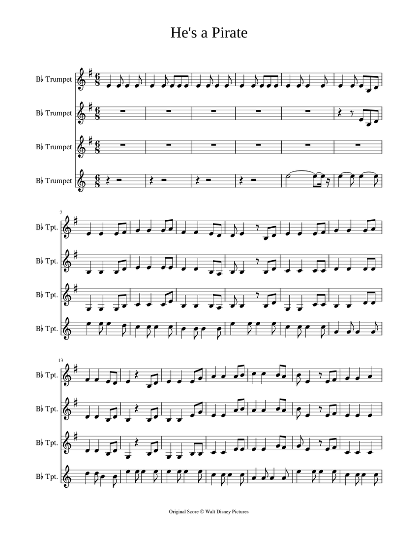 He's A Pirate - 4 Trumpets Sheet Music For Trumpet In B-flat (Brass ...