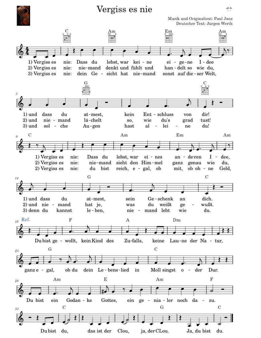 Vergiss es nie – Paul Janz Sheet music for Vocals, Guitar (Mixed Duet