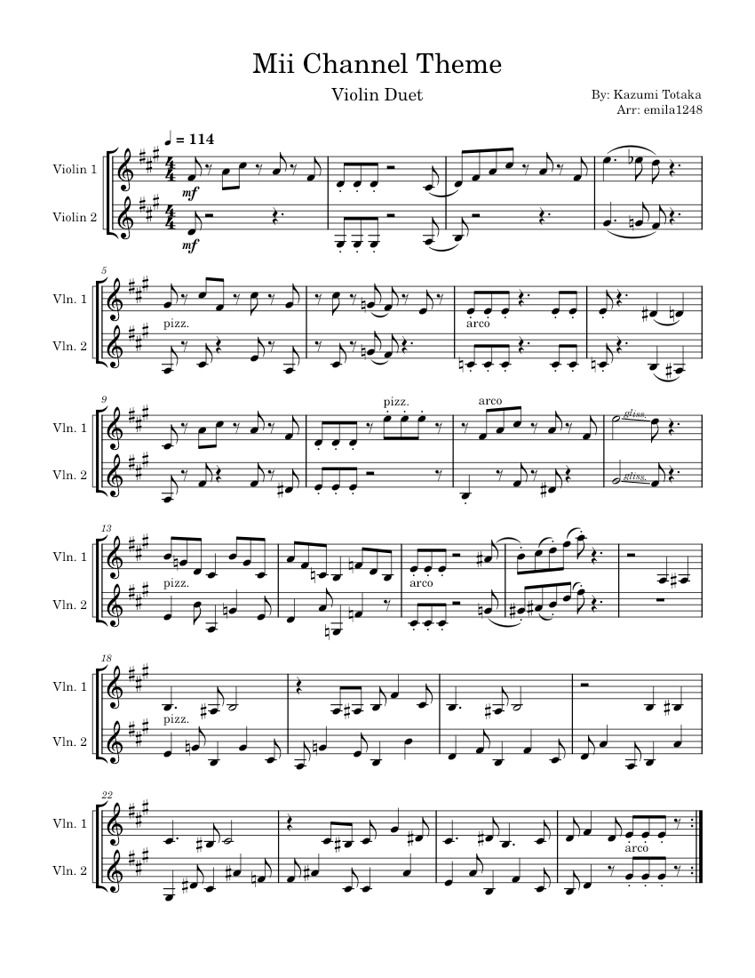 Mii Channel Theme – Kazumi Totaka – Violin Duet Sheet music for Violin ...