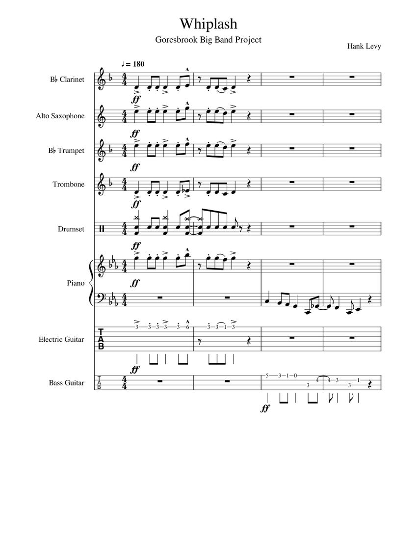 Whiplash Sheet music for Piano, Trombone, Clarinet in b-flat, Saxophone