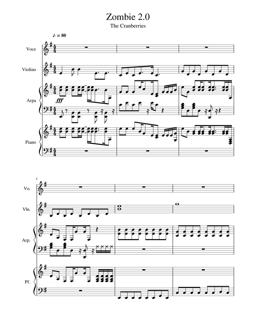 Zombie -The Cranberries Sheet music for Piano, Vocals, Violin, Harp (Mixed  Quartet) | Musescore.com