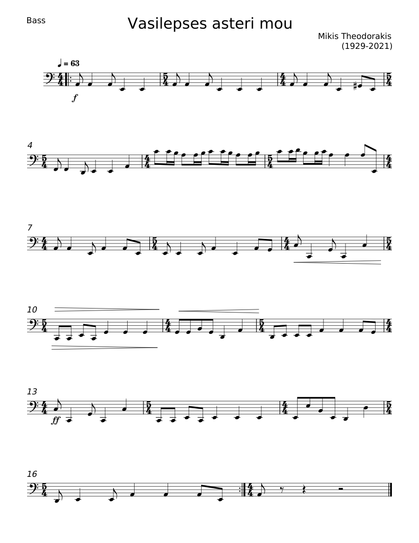 Vasilepses asteri mou - Mikis Theodorakis Sheet music for Bass guitar  (Solo) | Musescore.com