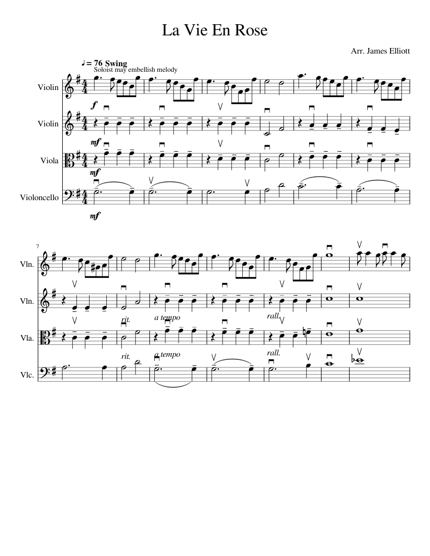 La Vie En Rose Sheet Music For Violin Cello Viola String Quartet Musescore Com But that's just the same shape as d with everything moved along one string. la vie en rose sheet music for violin