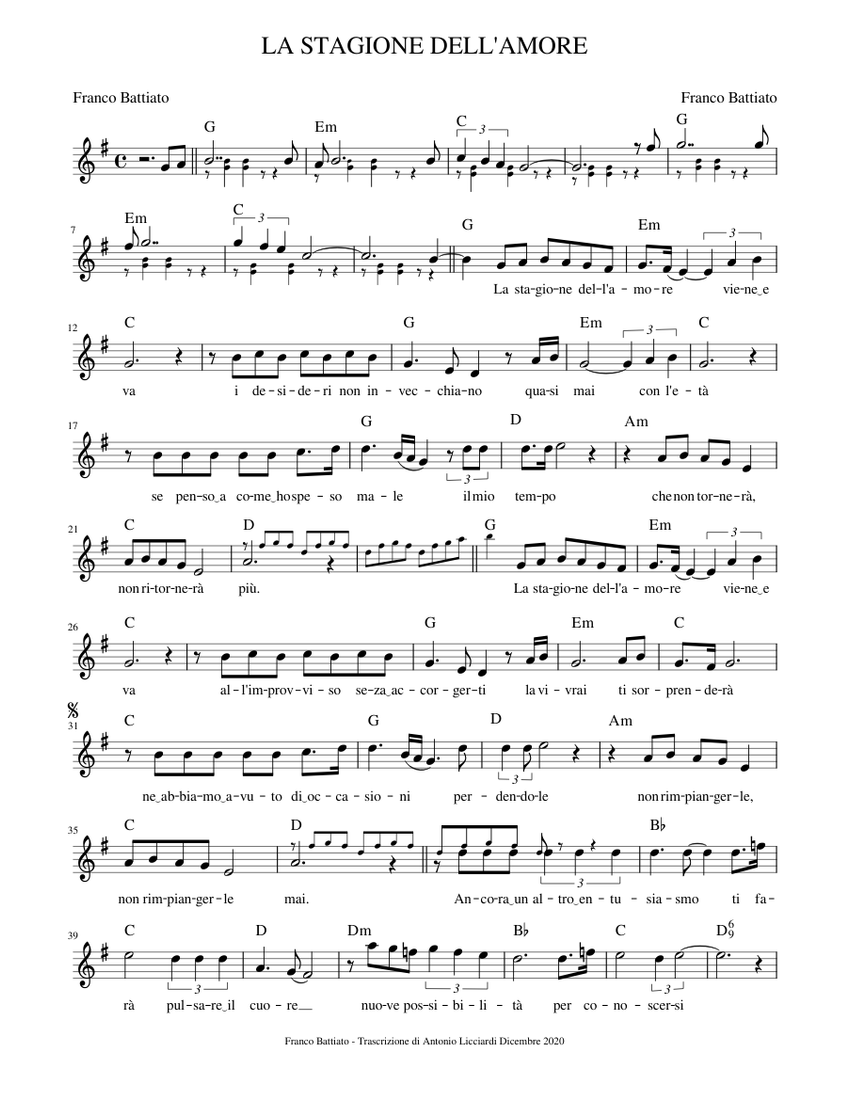 LA STAGIONE DELL'AMORE - Franco Battiato Sheet music for Piano (Solo) |  Musescore.com