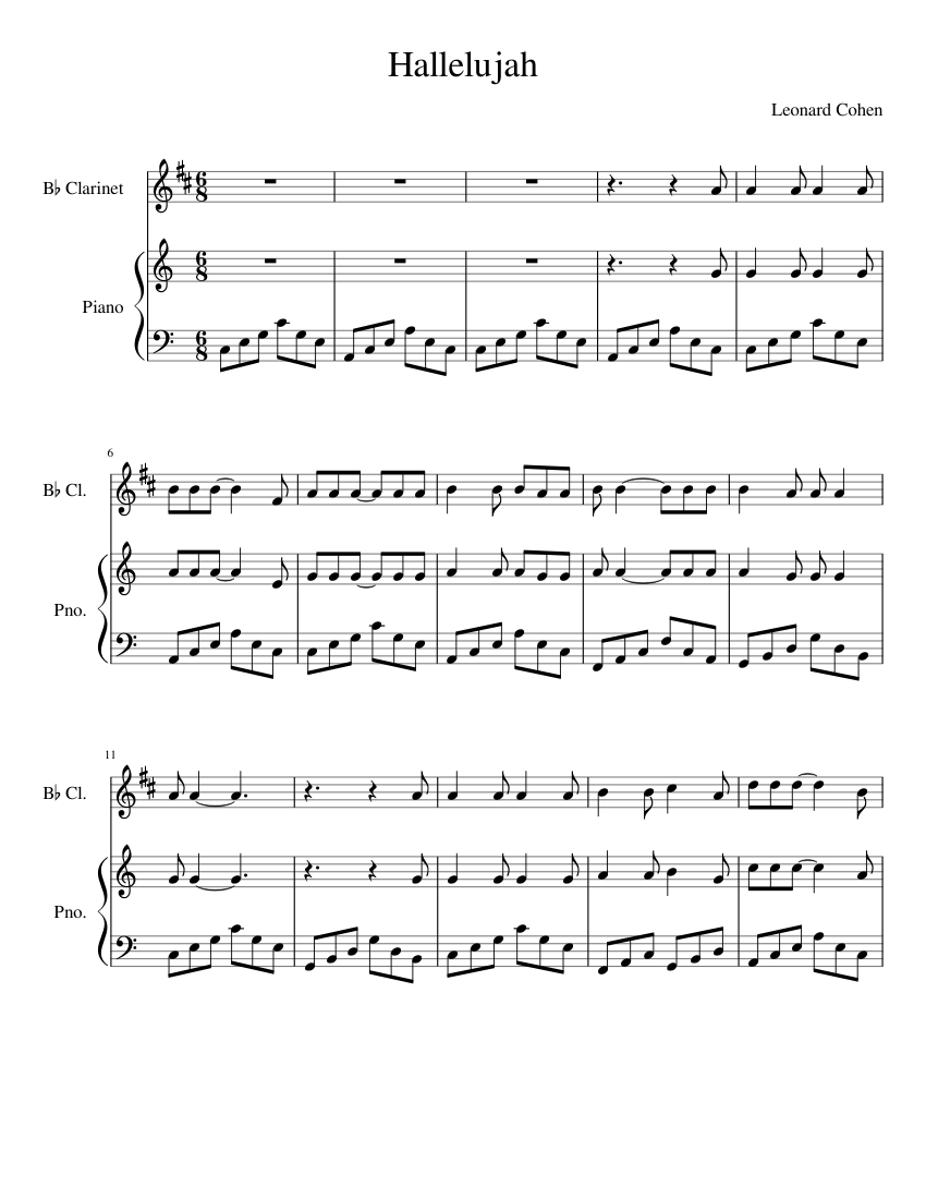 Hallelujah Sheet Music For Piano, Clarinet In B-flat (Mixed Duet ...