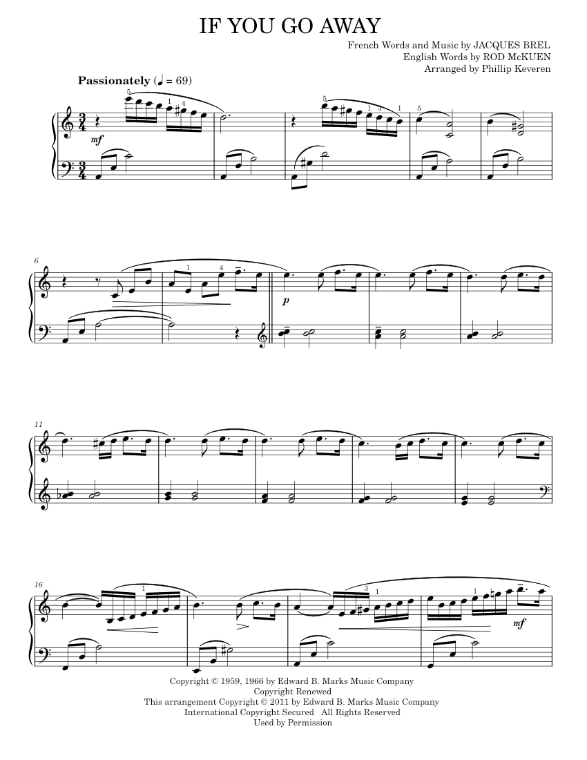 If You Go Away Sheet music for Piano by Jacques Brel: Music Notes by MuseScore