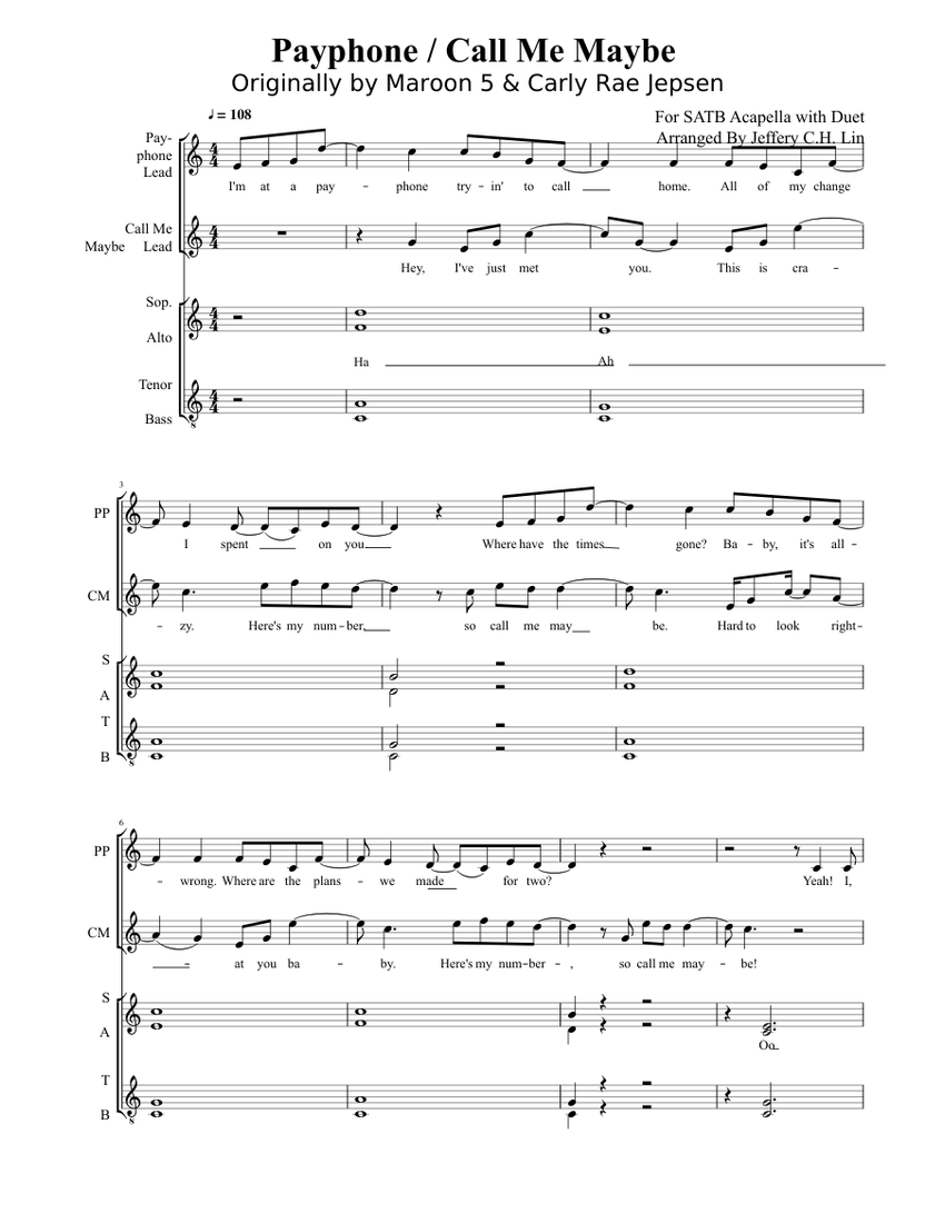 Payphone Call Me Maybe Sheet Music For Vocals Soprano Tenor Hand Clap Mixed Quintet Musescore Com