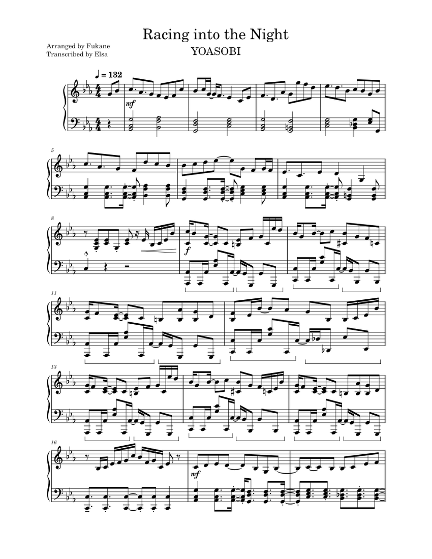 Racing into the Night【ピアノ】 – Yoasobi / Yoru ni Kakeru 夜に駆ける Sheet music for  Piano (Solo) | Musescore.com