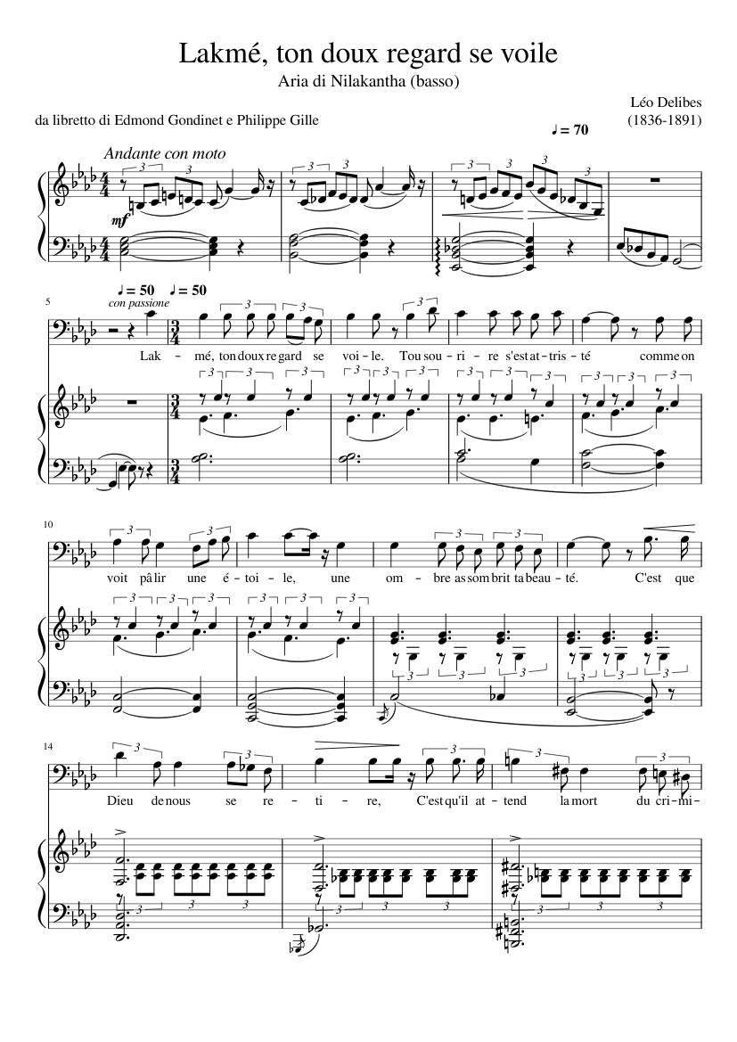 Léo Delibes - Lakmé, ton doux regard se voile Sheet music for Piano, Vocals  (Piano-Voice) | Musescore.com