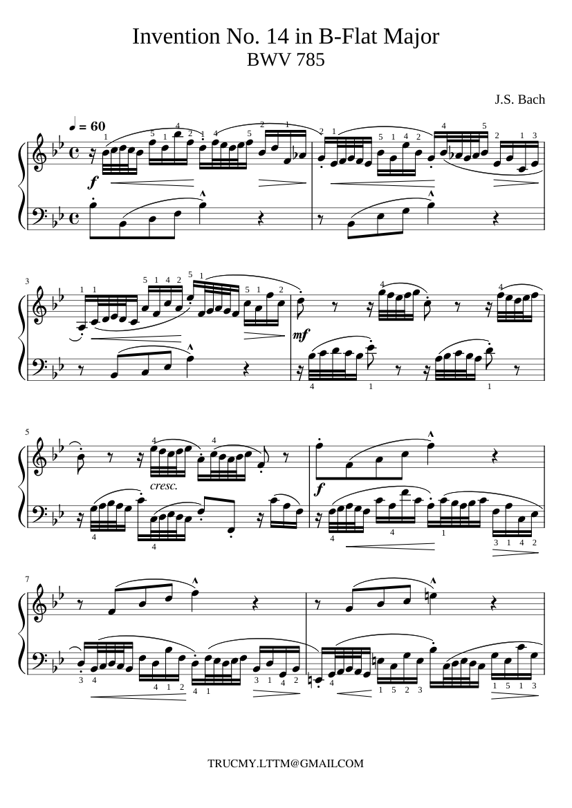 Invention No. 14 in B-Flat Major, BWV 785 by J.S. Bach Sheet music for ...
