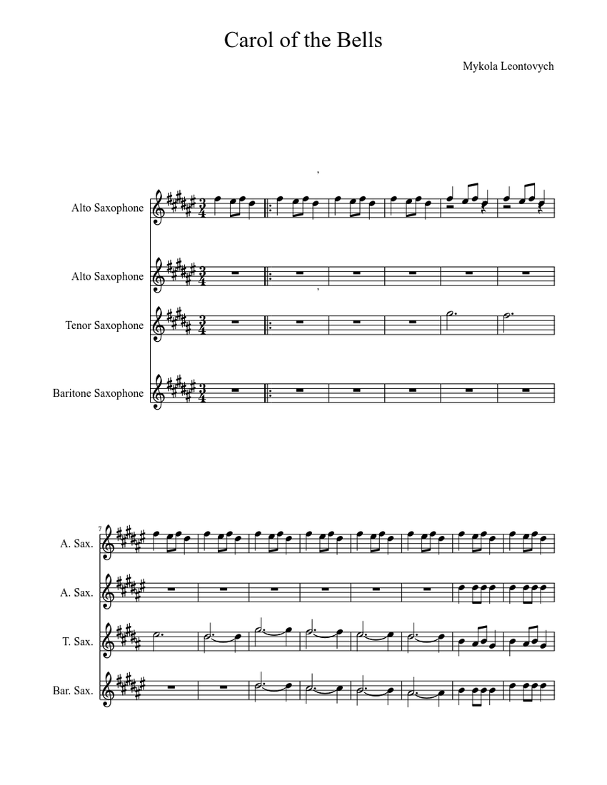 Carol of the Bells Sheet music for Saxophone (Alto), Saxophone (Tenor ...