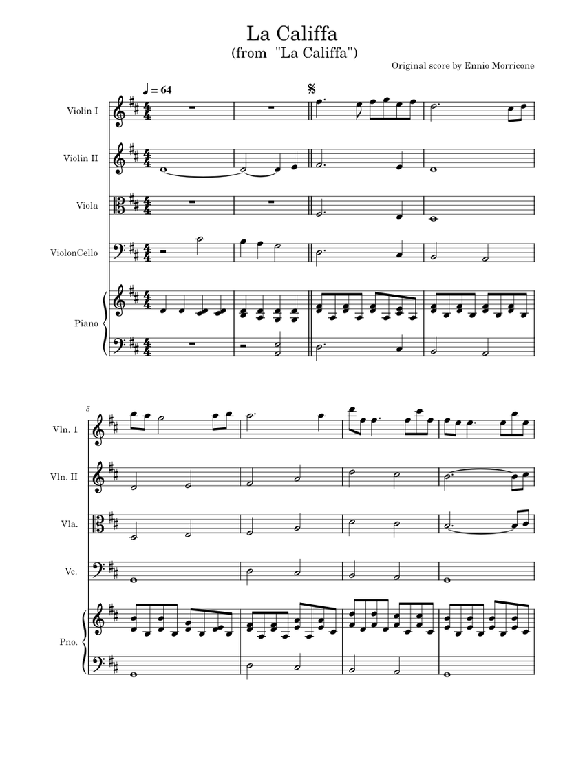 La Califfa(Lady Caliph) by Ennio Morricone Sheet music for Piano, Violin,  Viola, Cello (Piano Quintet) | Musescore.com